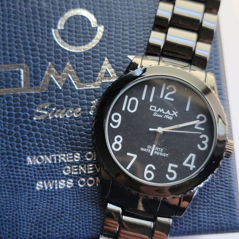 Omax Mens Watch Black Dial Silver Tone Stainless Bracelet Quartz Water Resist